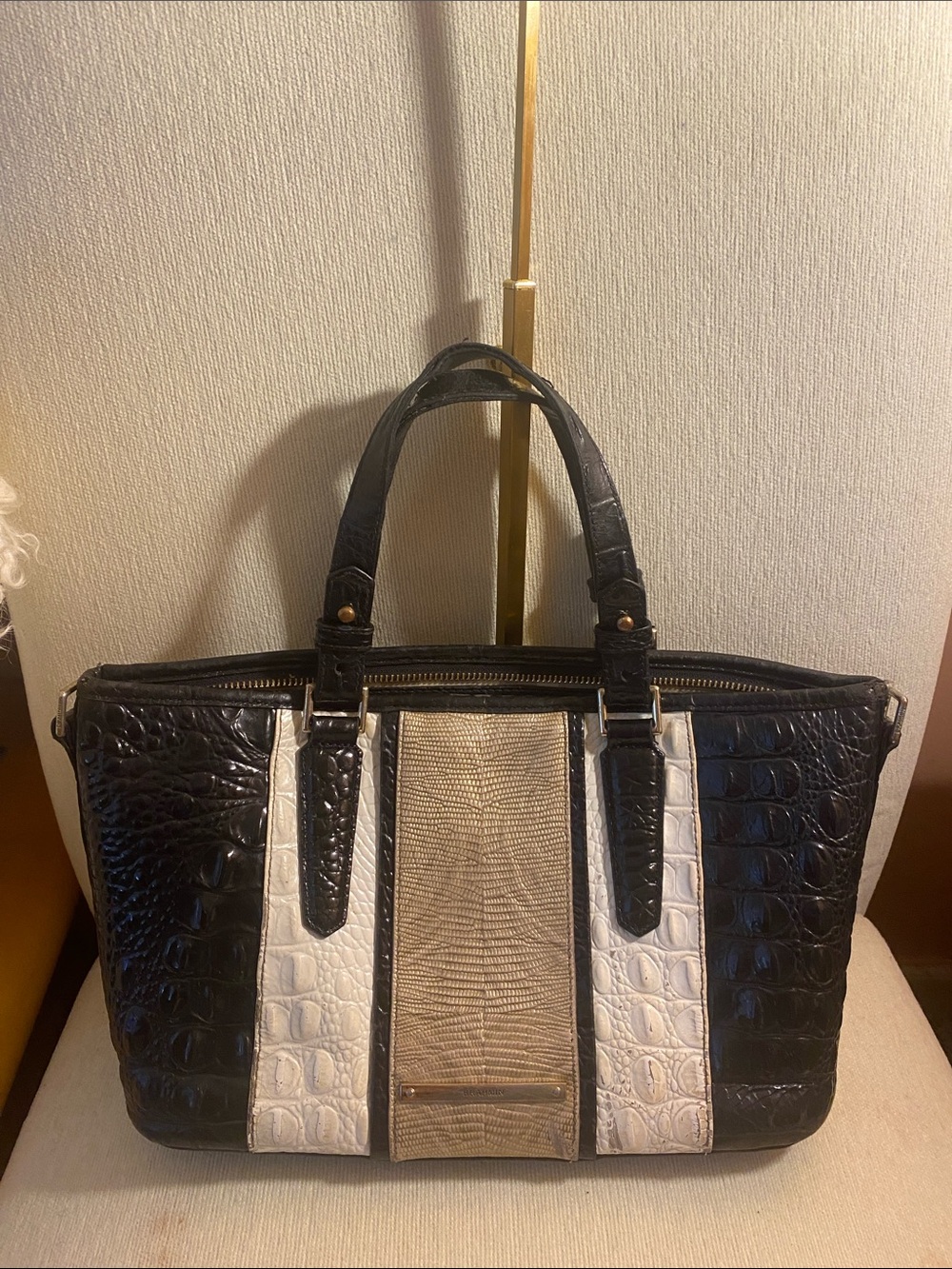 Brahmin White, Black and Taupe Croc-Embossed Tote